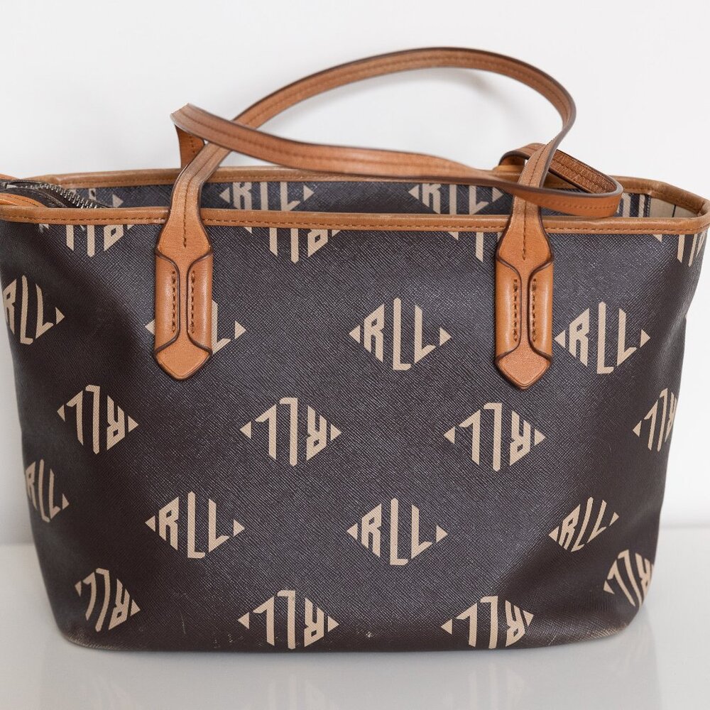 Lauren Ralph Lauren Brown Monogram Tote Bag Shopper Purse Handbag - Picture 5 of 11